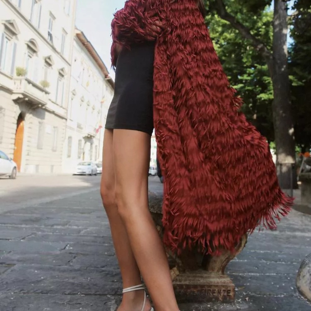 Zara Rust Red Textured Fringe Long Cape Coat - Picture 7 of 9